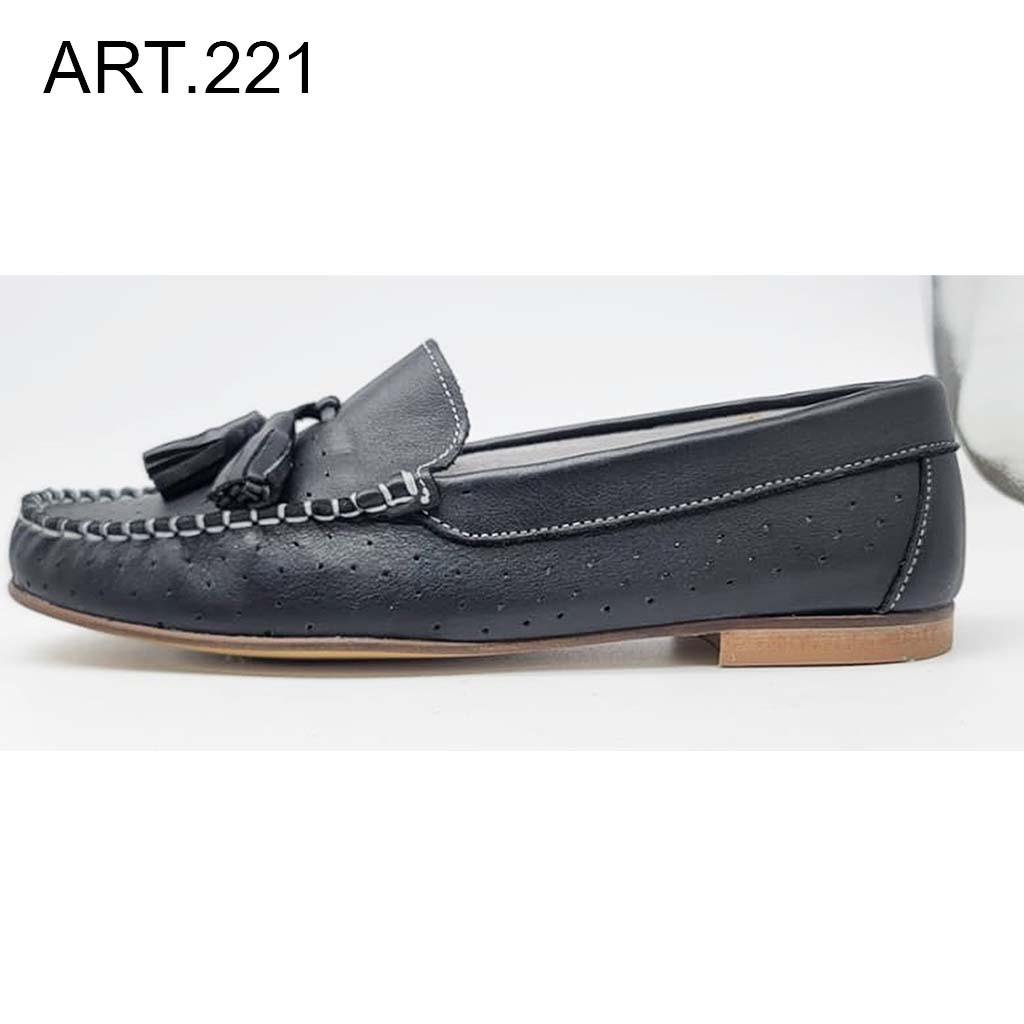 ART. 221 - Black leather loafers with leather-wood sole and perforated detail