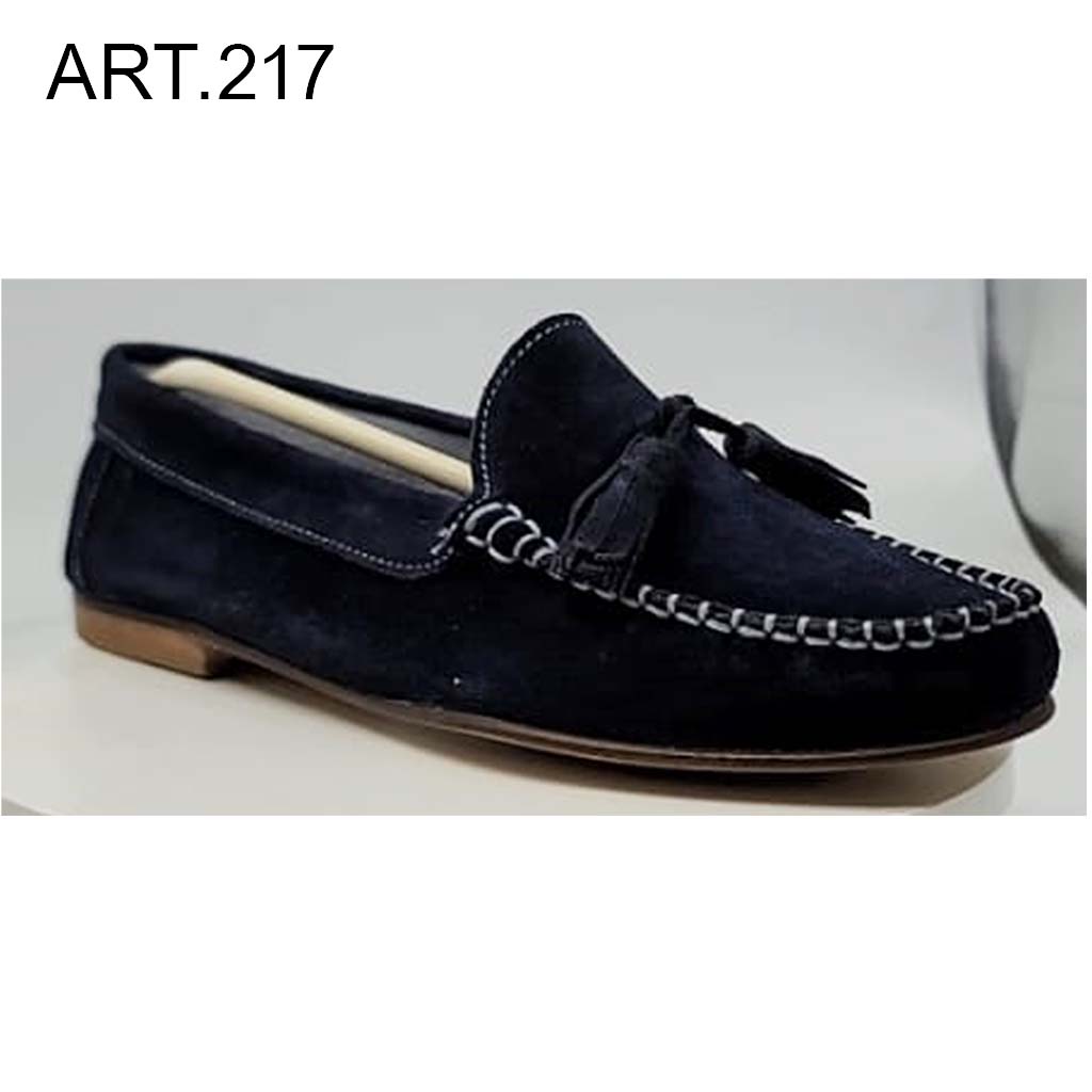 ART. 217 - Mocassini in crosta blu con fondo in legno cuoio