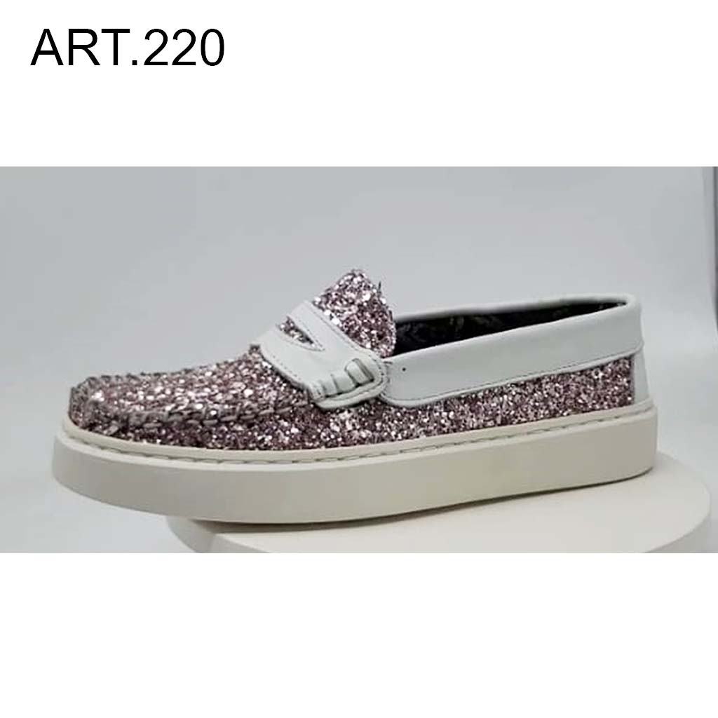 ART. 220 - Mocassini in glitter con dettagli in pelle bianca e fondo sportivo