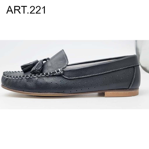 ART. 221 - Black leather loafers with leather-wood sole and perforated detail