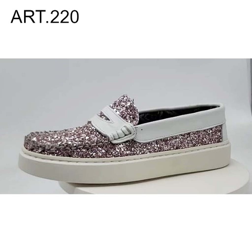 ART. 220 - Mocassini in glitter con dettagli in pelle bianca e fondo sportivo