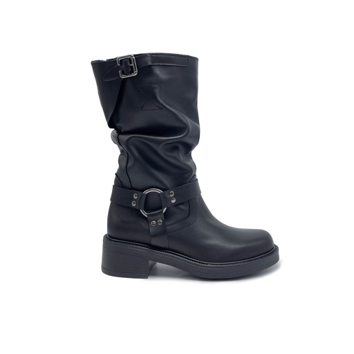 Art. 809 BLACK GENUINE LEATHER BIKER BOOT WITH GATHERED SHAFT AND FIXED ANKLE STRAP